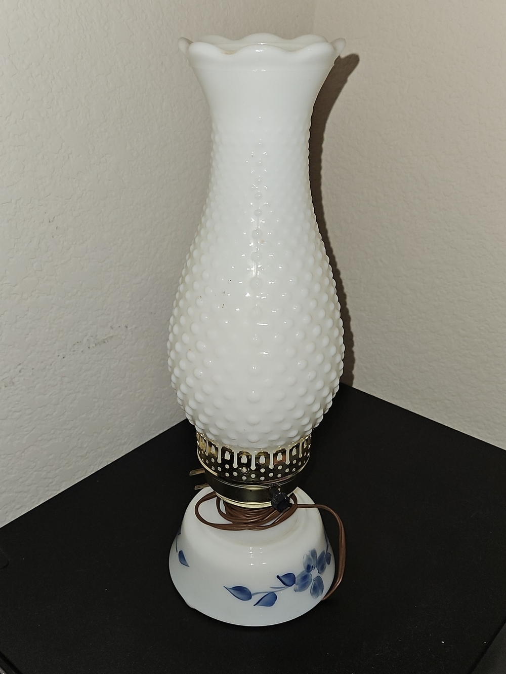 White Hobnail Milk Glass Table Lamp with Blue Floral Base